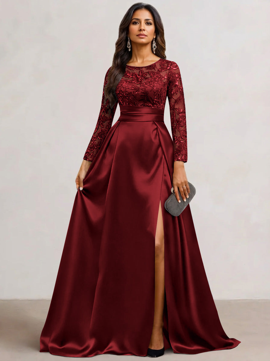 A-Line  Scoop Satin Sequin Mother of the Bride Dresses Long Sleeves Floor-Length Wedding Guest with Split Side