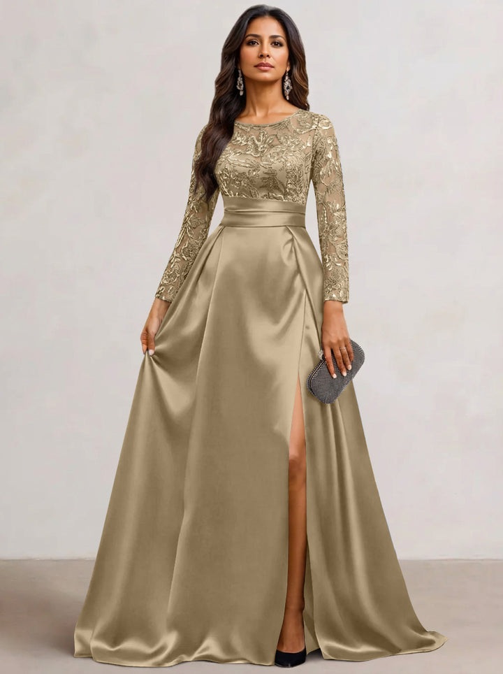 A-Line  Scoop Satin Sequin Mother of the Bride Dresses Long Sleeves Floor-Length Wedding Guest with Split Side