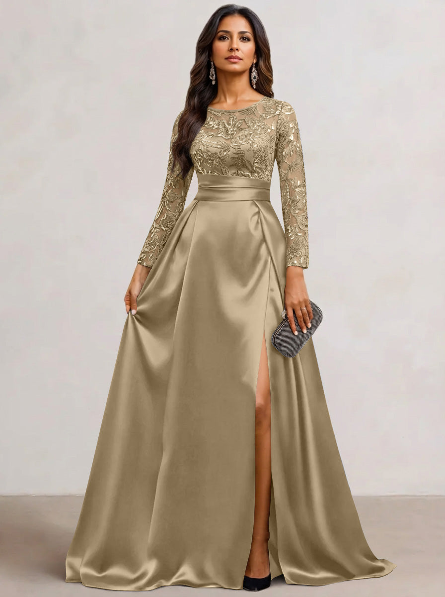 A-Line  Scoop Satin Sequin Mother of the Bride Dresses Long Sleeves Floor-Length Wedding Guest with Split Side