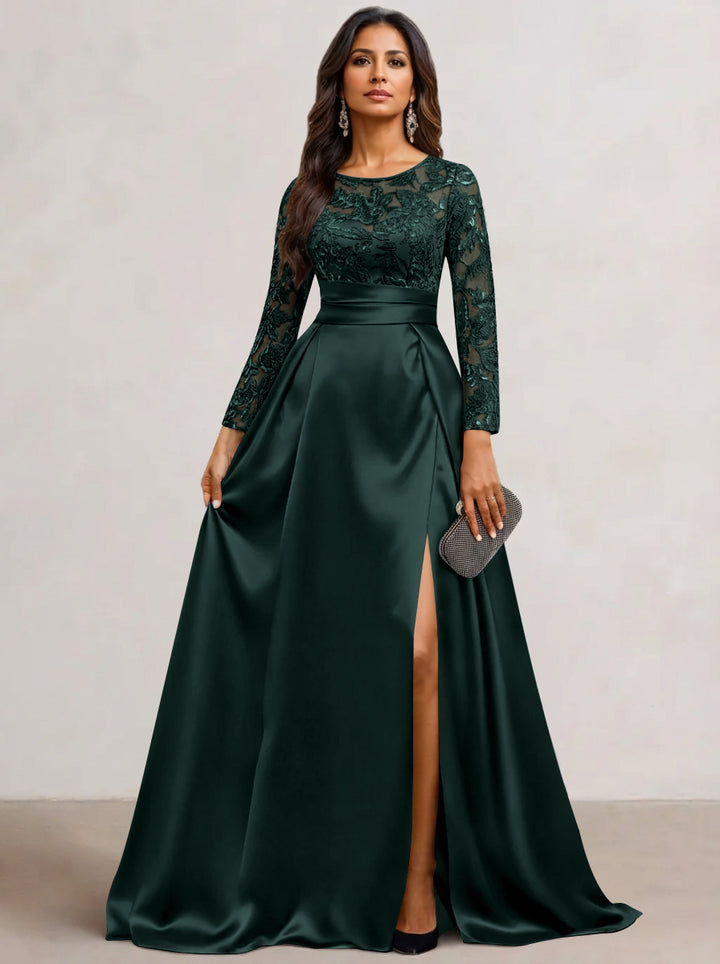 A-Line  Scoop Satin Sequin Mother of the Bride Dresses Long Sleeves Floor-Length Wedding Guest with Split Side