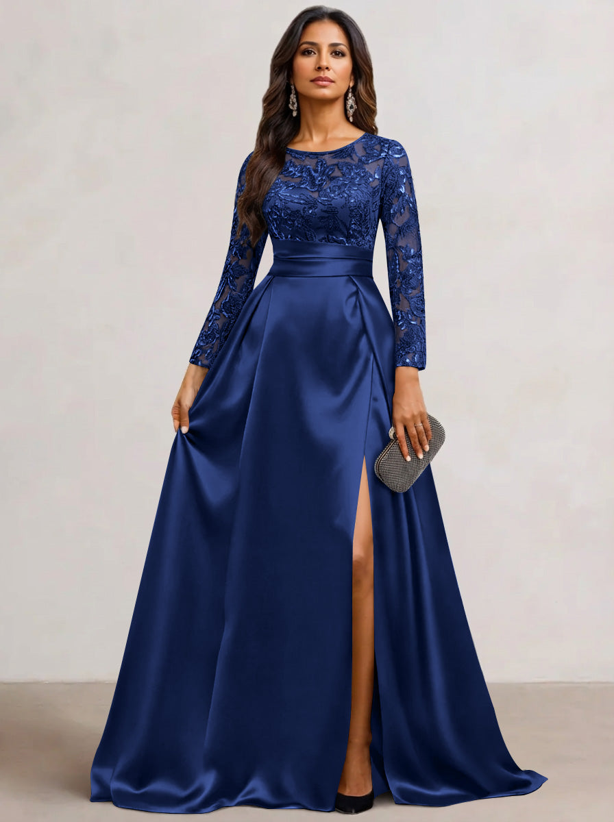 Gorgeous Navy Blue Mother of the Bride Dresses Women's Satin Formal Evening Ball Gowns Long Sleeves Lace Floor-Length Wedding Guest Dress with Split