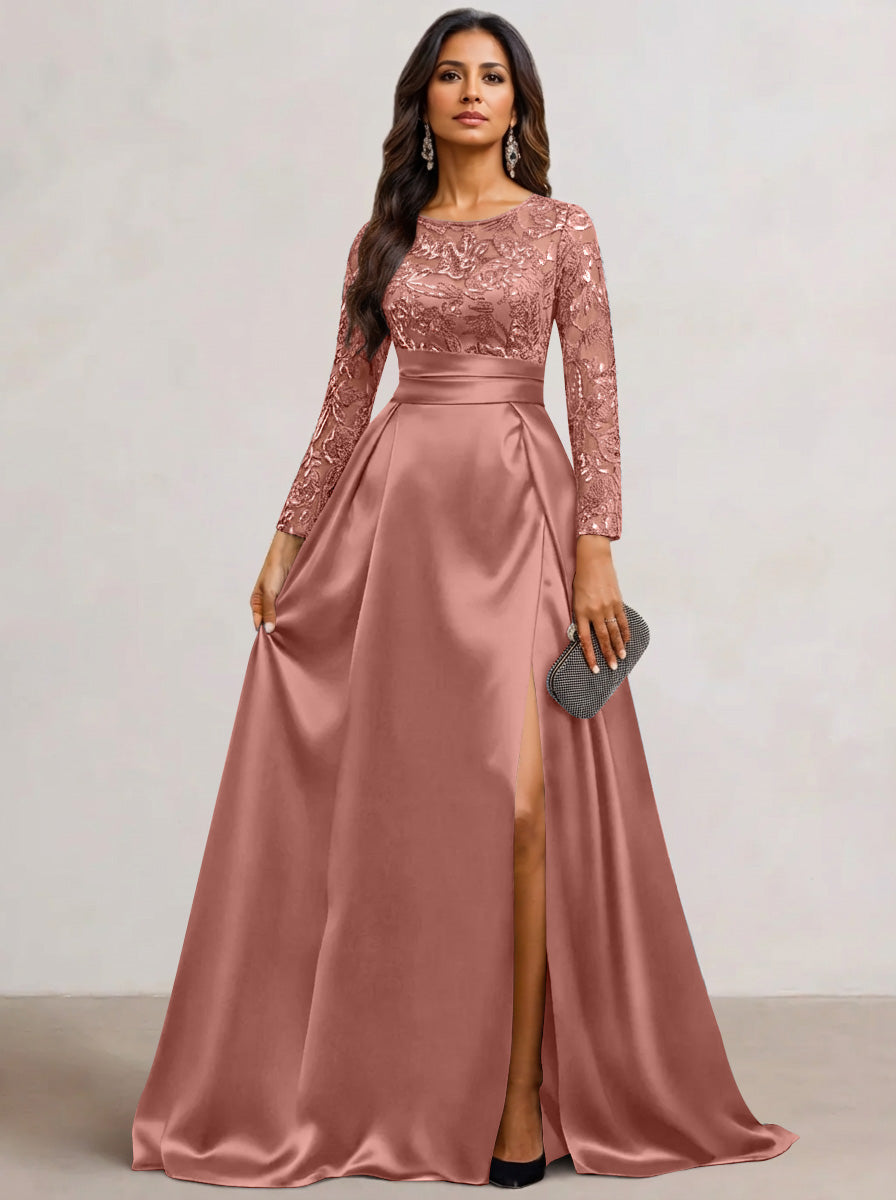 A-Line  Scoop Satin Sequin Mother of the Bride Dresses Long Sleeves Floor-Length Wedding Guest with Split Side