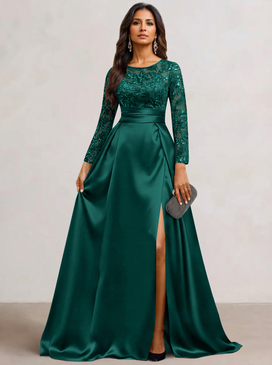 A-Line  Scoop Satin Sequin Mother of the Bride Dresses Long Sleeves Floor-Length Wedding Guest with Split Side