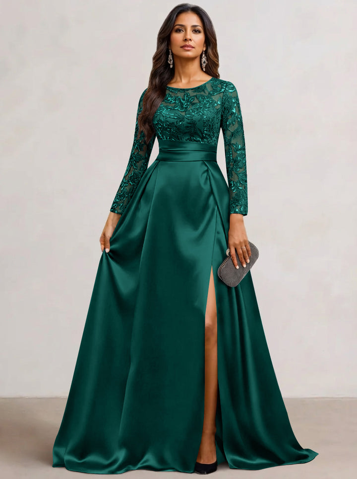A-Line  Scoop Satin Sequin Mother of the Bride Dresses Long Sleeves Floor-Length Wedding Guest with Split Side