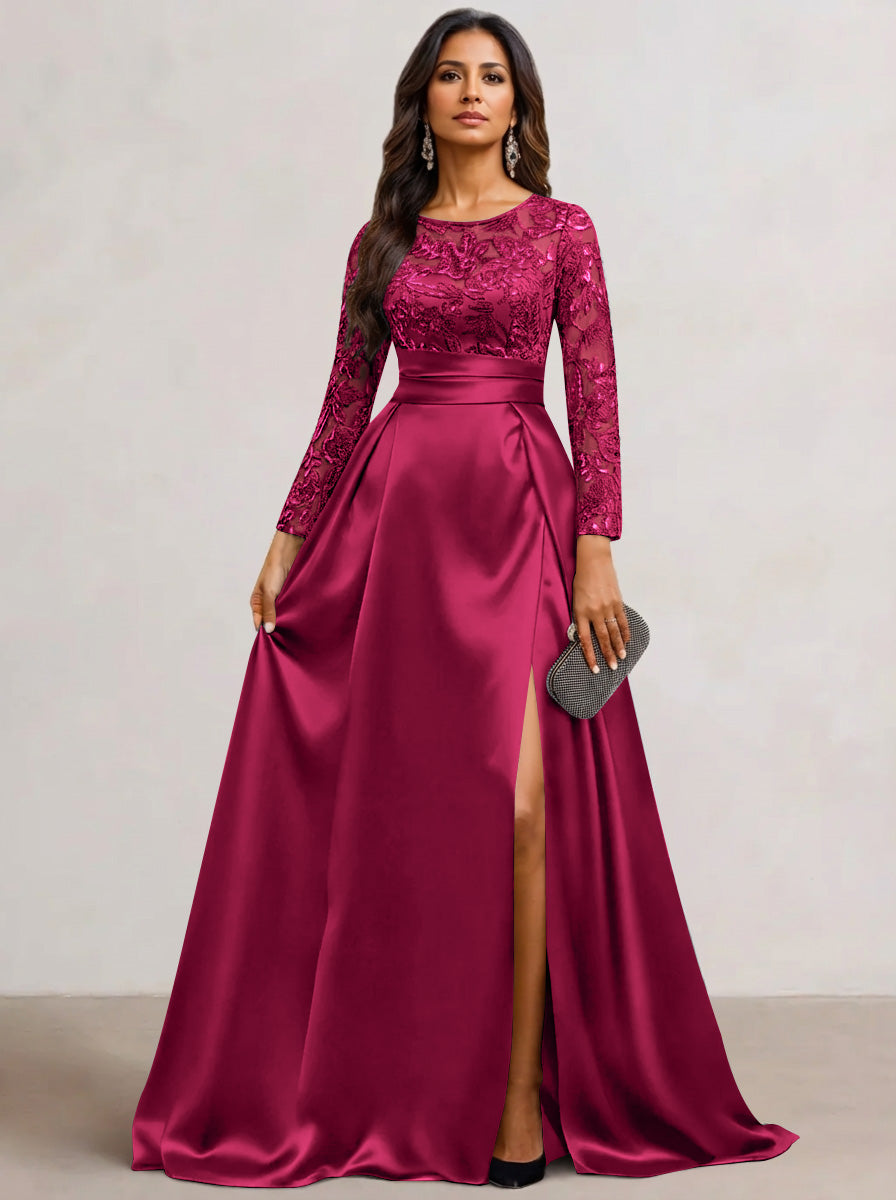 A-Line  Scoop Satin Sequin Mother of the Bride Dresses Long Sleeves Floor-Length Wedding Guest with Split Side