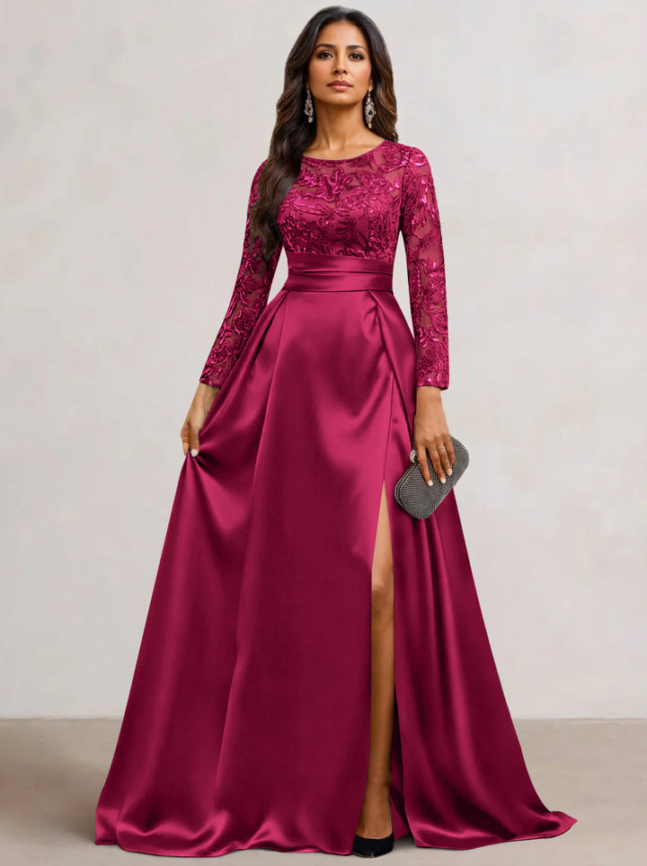 A-Line  Scoop Satin Sequin Mother of the Bride Dresses Long Sleeves Floor-Length Wedding Guest with Split Side