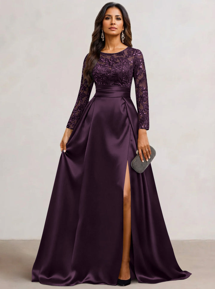 A-Line  Scoop Satin Sequin Mother of the Bride Dresses Long Sleeves Floor-Length Wedding Guest with Split Side