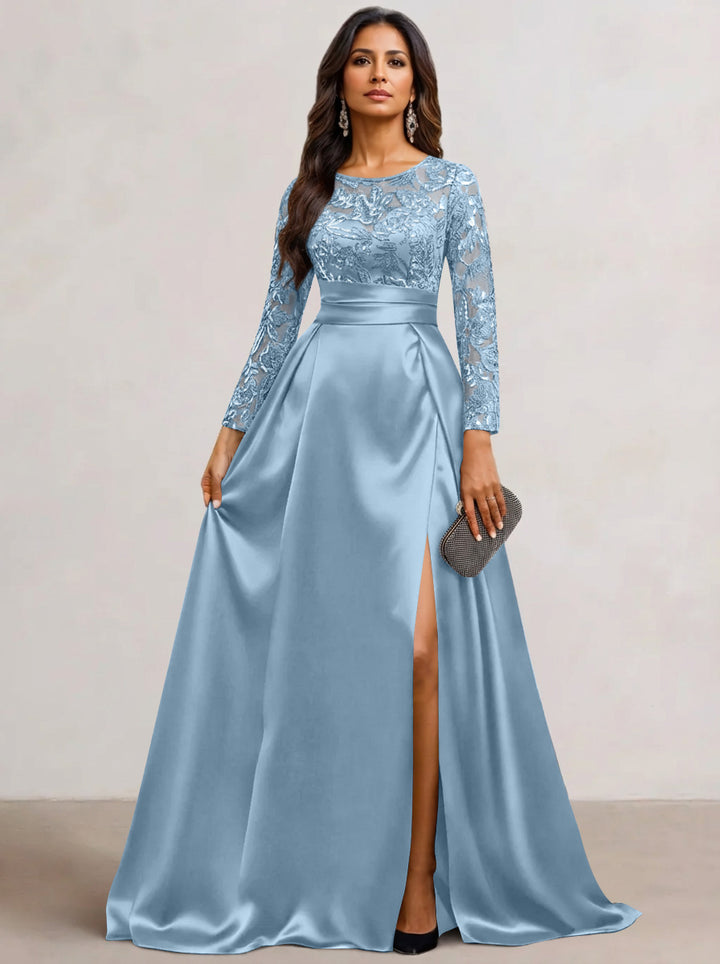A-Line  Scoop Satin Sequin Mother of the Bride Dresses Long Sleeves Floor-Length Wedding Guest with Split Side