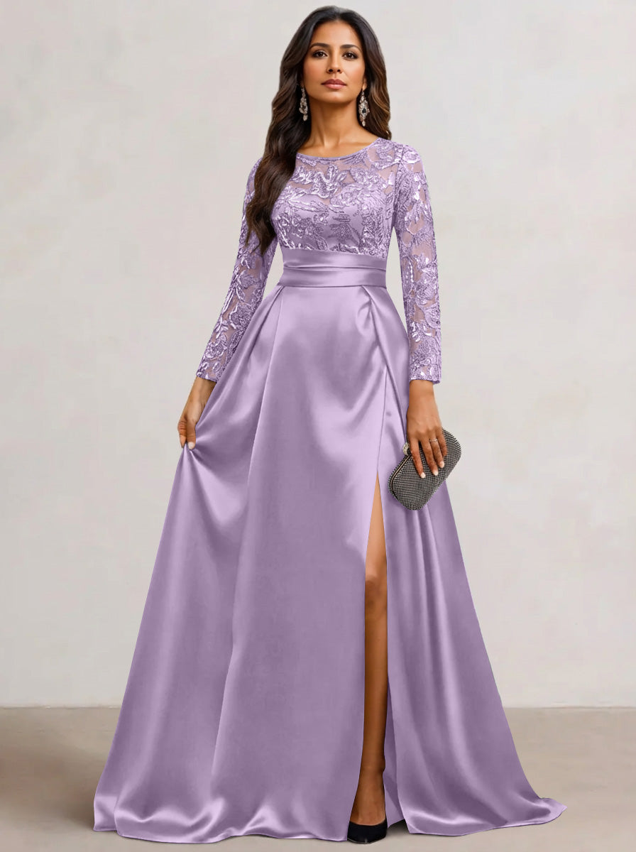 A-Line  Scoop Satin Sequin Mother of the Bride Dresses Long Sleeves Floor-Length Wedding Guest with Split Side