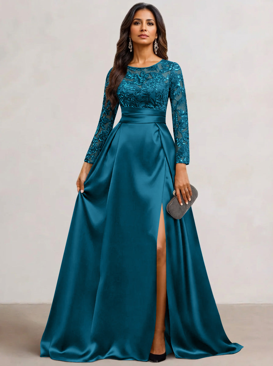 Gorgeous Navy Blue Mother of the Bride Dresses Women's Satin Formal Evening Ball Gowns Long Sleeves Lace Floor-Length Wedding Guest Dress with Split,