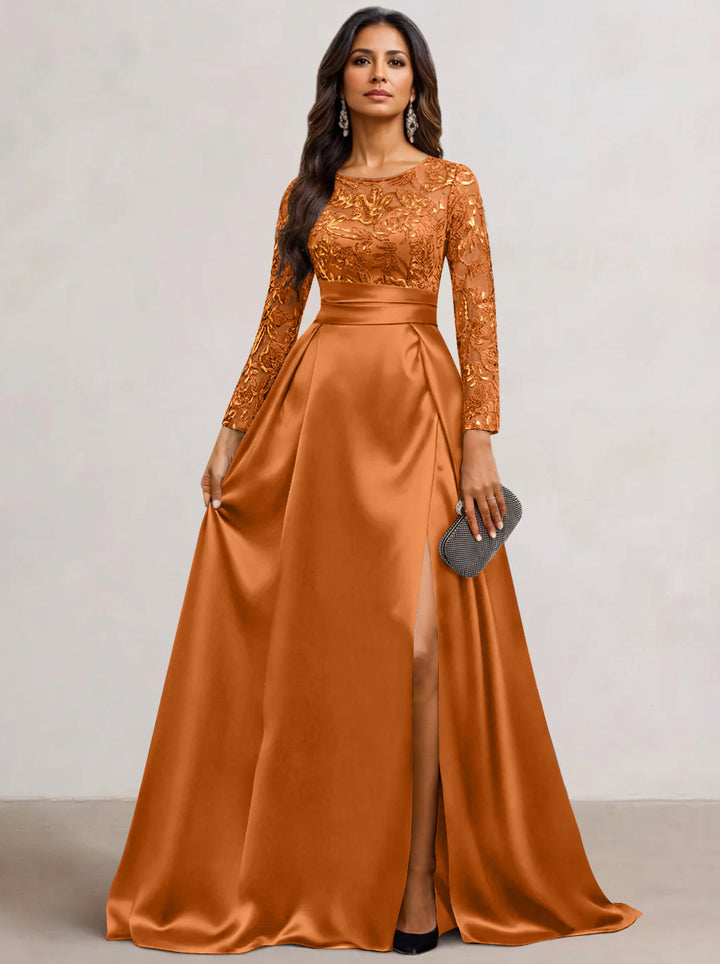 A-Line  Scoop Satin Sequin Mother of the Bride Dresses Long Sleeves Floor-Length Wedding Guest with Split Side