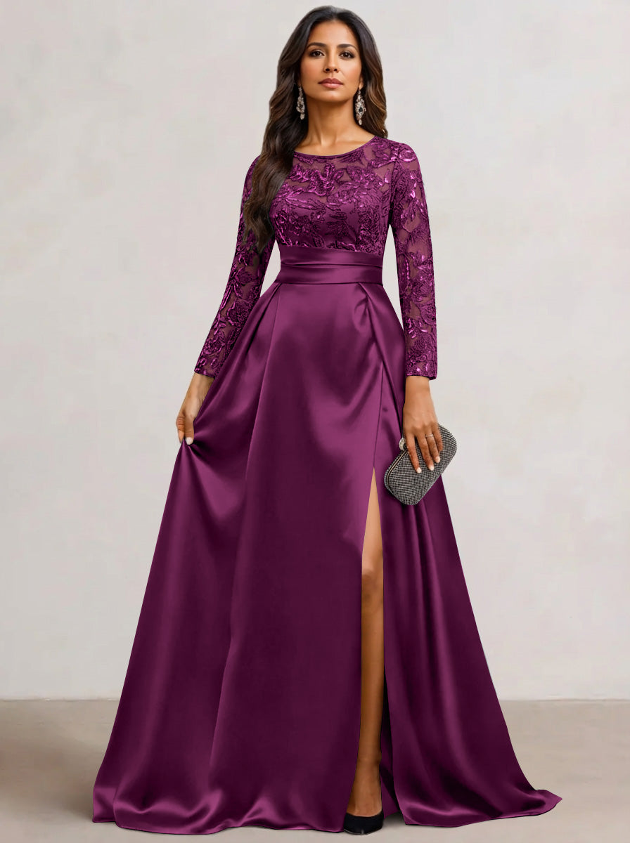 A-Line Scoop Satin Sequin Mother of the Bride Dresses Long Sleeves Floor-Length Wedding Guest with Split Side Orchid