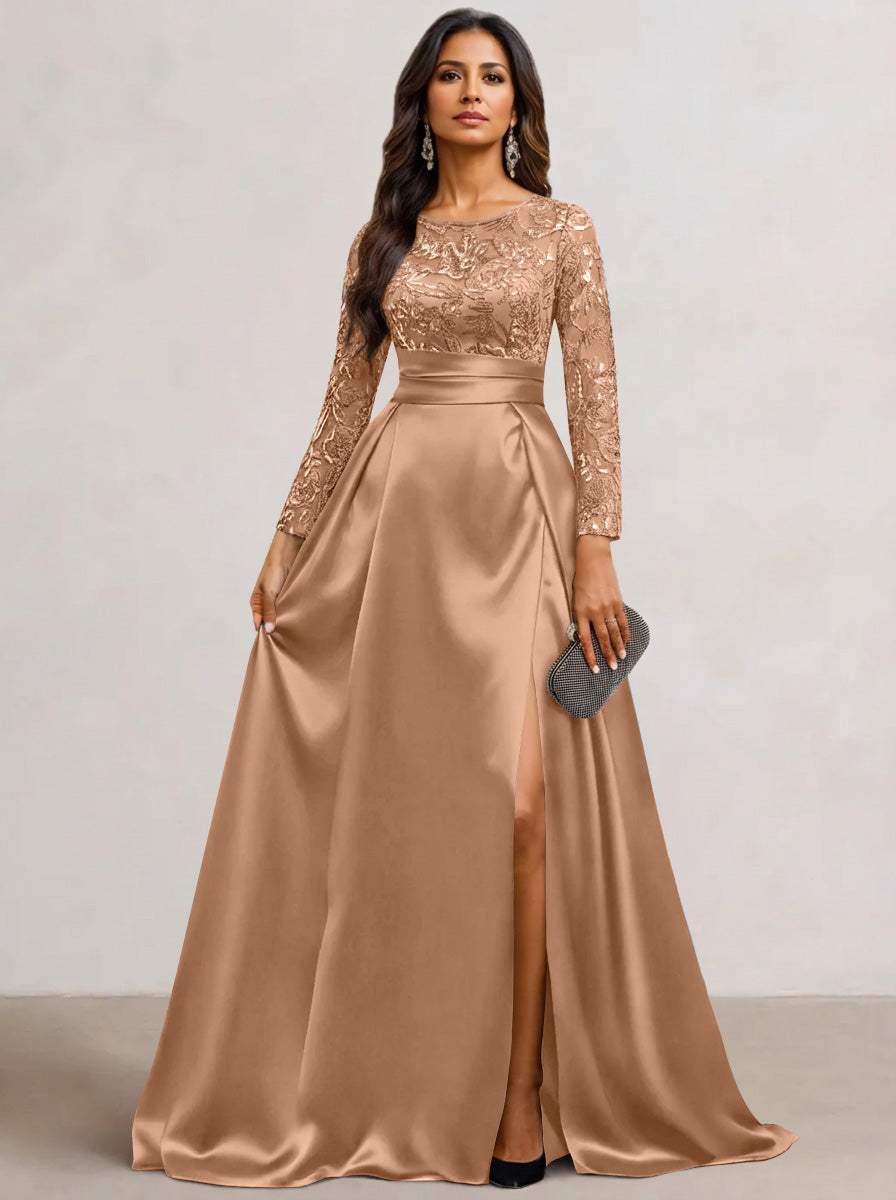 Gorgeous Navy Blue Mother of the Bride Dresses Women's Satin Formal Evening Ball Gowns Long Sleeves Lace Floor-Length Wedding Guest Dress with Split,