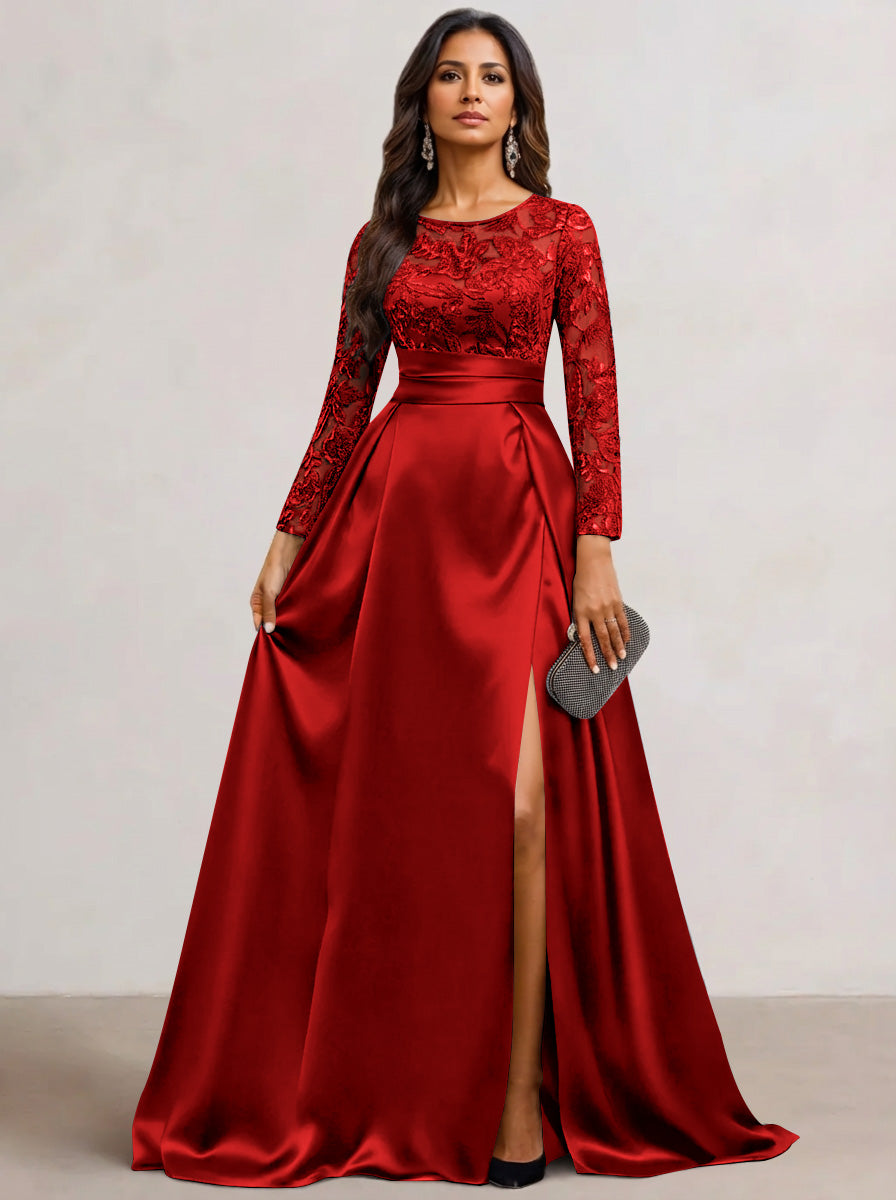 A-Line  Scoop Satin Sequin Mother of the Bride Dresses Long Sleeves Floor-Length Wedding Guest with Split Side