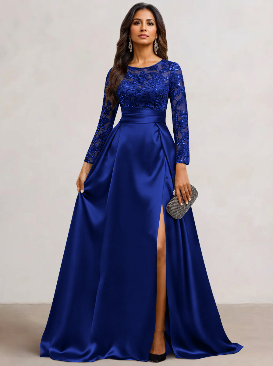 A-Line  Scoop Satin Sequin Mother of the Bride Dresses Long Sleeves Floor-Length Wedding Guest with Split Side