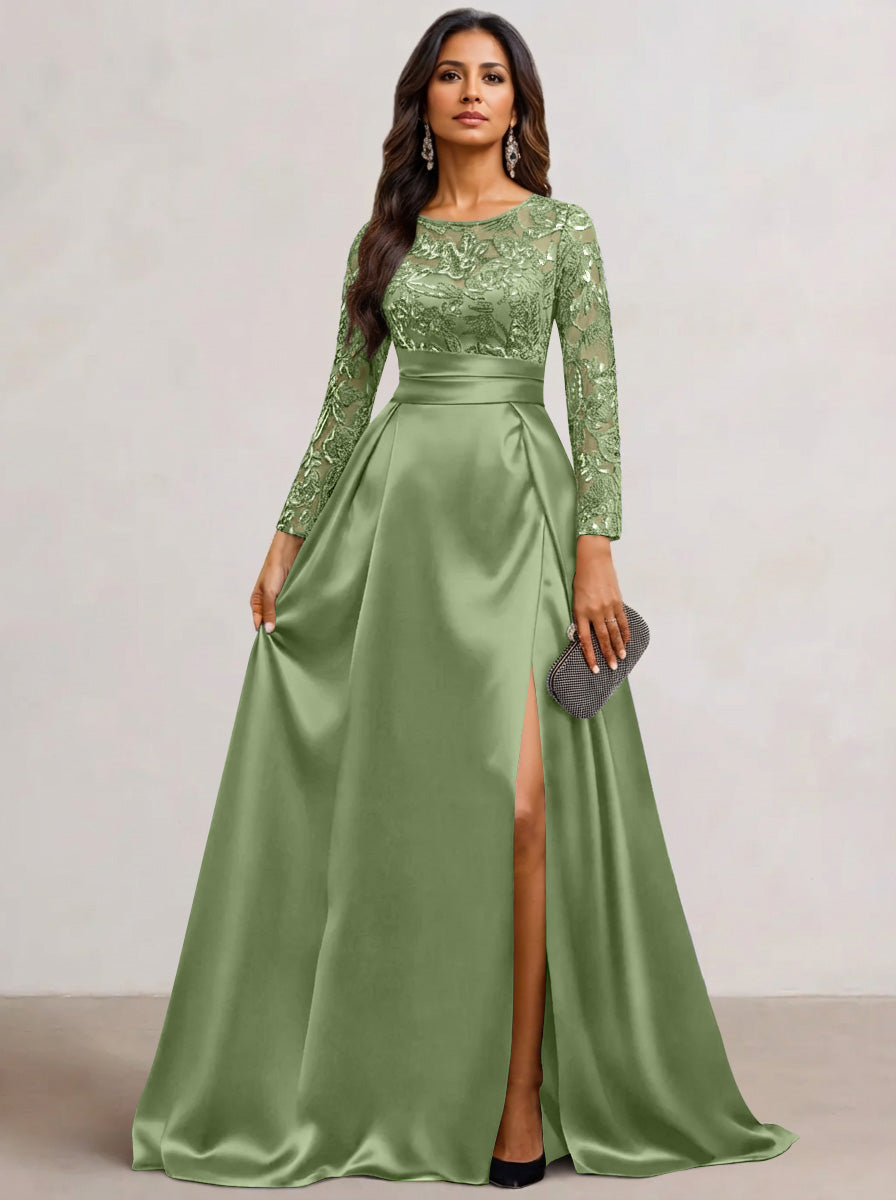 A-Line  Scoop Satin Sequin Mother of the Bride Dresses Long Sleeves Floor-Length Wedding Guest with Split Side