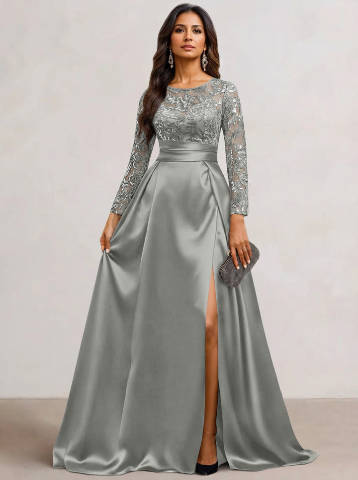 A-Line  Scoop Satin Sequin Mother of the Bride Dresses Long Sleeves Floor-Length Wedding Guest with Split Side