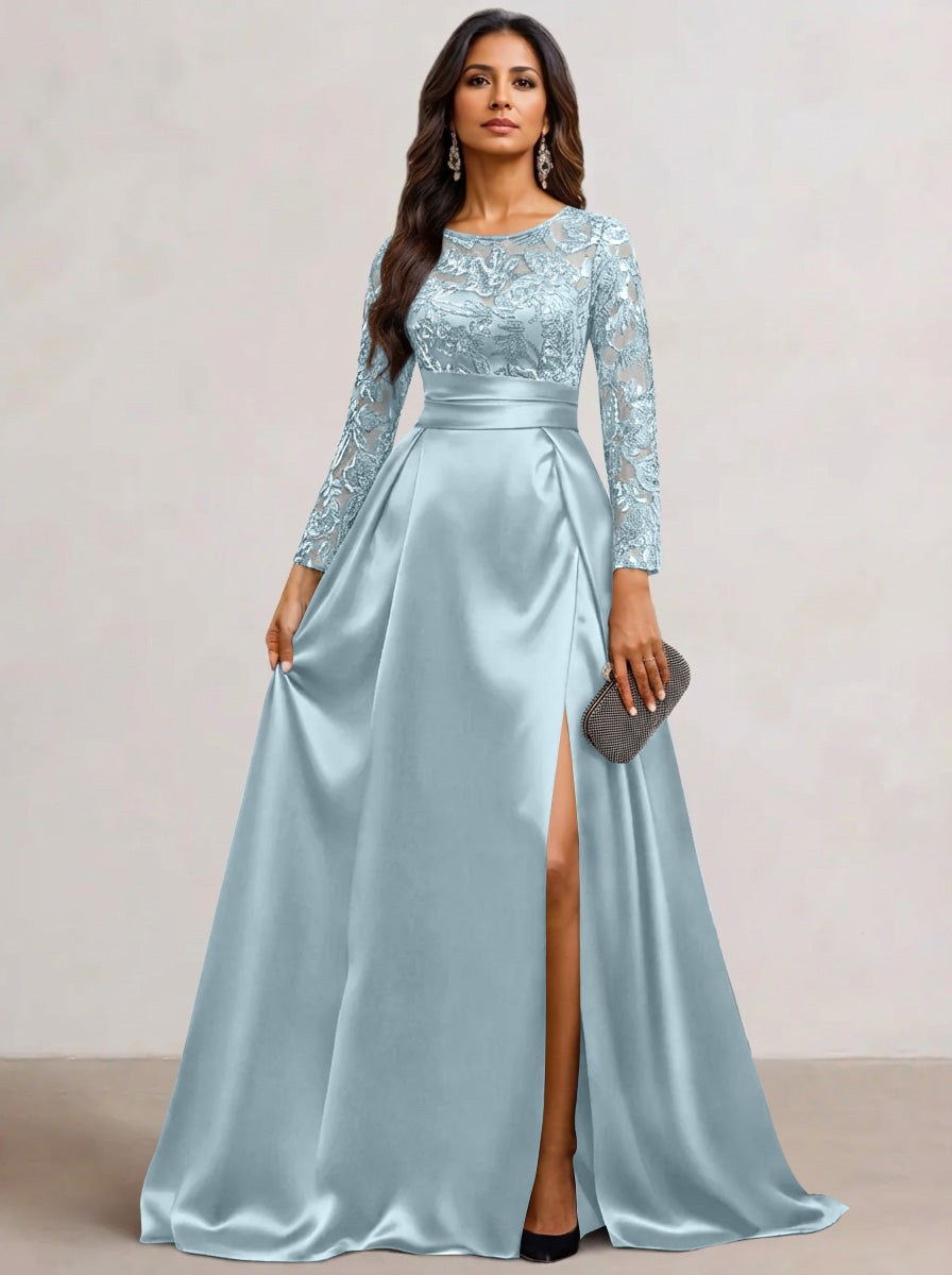A-Line  Scoop Satin Sequin Mother of the Bride Dresses Long Sleeves Floor-Length Wedding Guest with Split Side