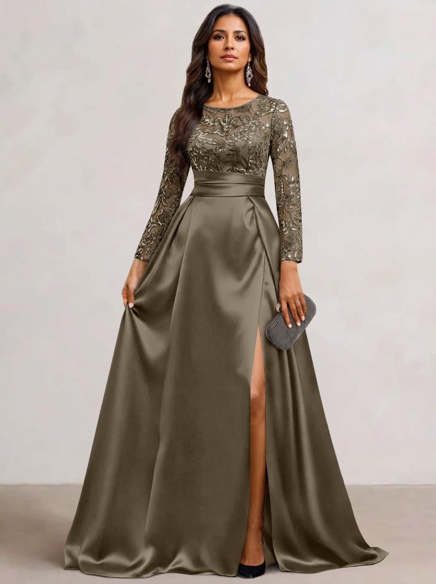 Gorgeous Navy Blue Mother of the Bride Dresses Women's Satin Formal Evening Ball Gowns Long Sleeves Lace Floor-Length Wedding Guest Dress with Split,