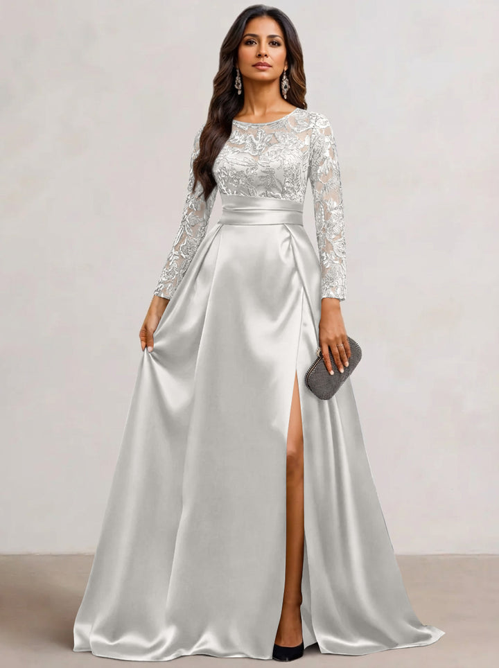 A-Line  Scoop Satin Sequin Mother of the Bride Dresses Long Sleeves Floor-Length Wedding Guest with Split Side