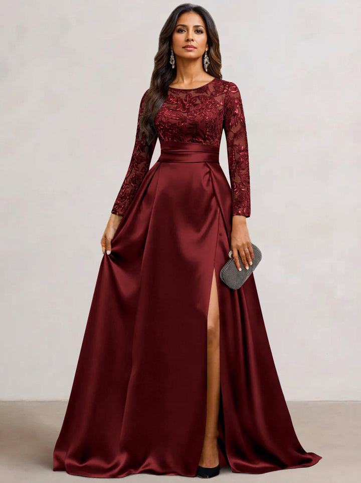 A-Line  Scoop Satin Sequin Mother of the Bride Dresses Long Sleeves Floor-Length Wedding Guest with Split Side