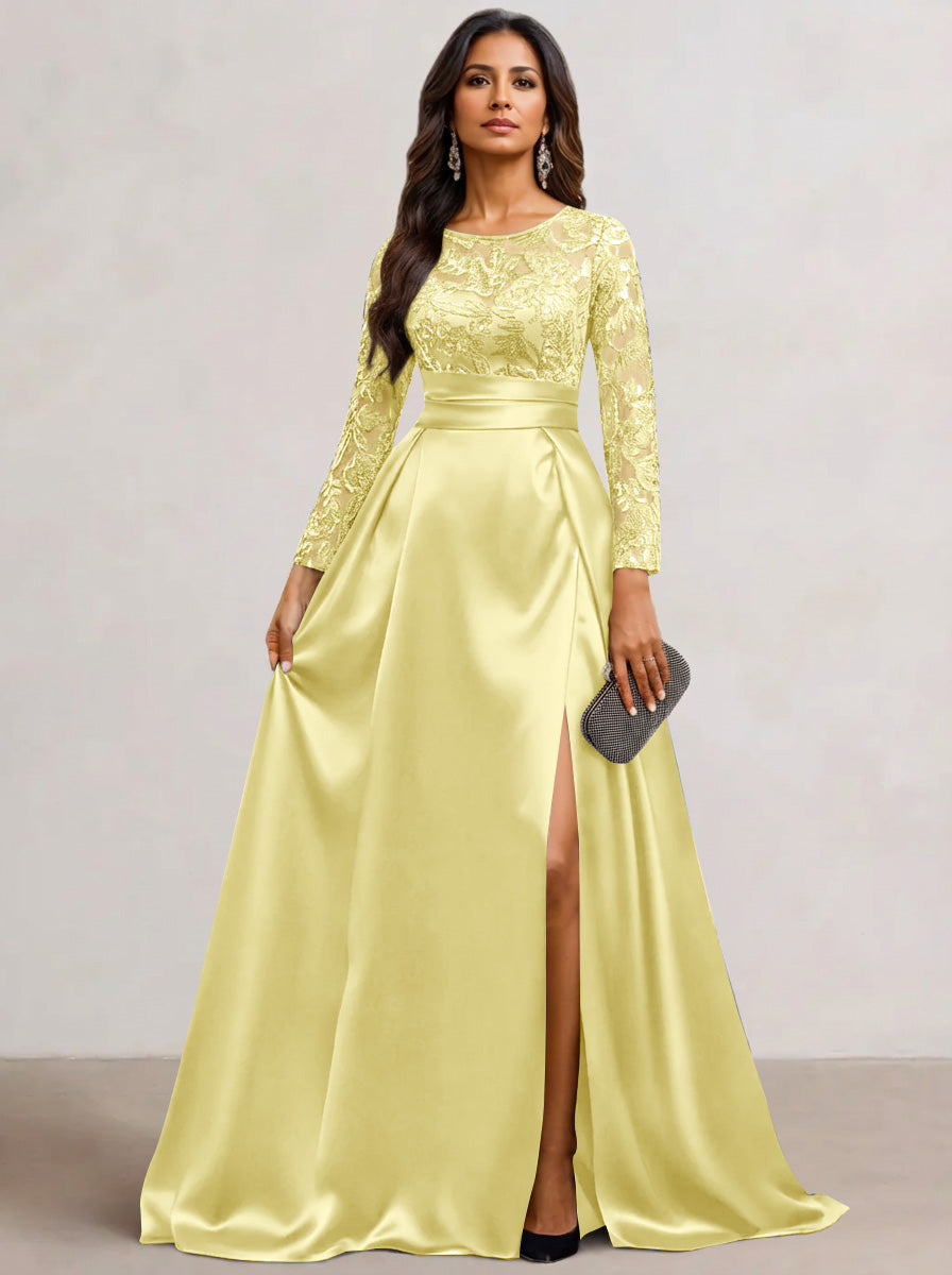 A-Line  Scoop Satin Sequin Mother of the Bride Dresses Long Sleeves Floor-Length Wedding Guest with Split Side