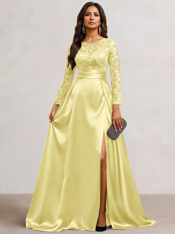 A-Line  Scoop Satin Sequin Mother of the Bride Dresses Long Sleeves Floor-Length Wedding Guest with Split Side
