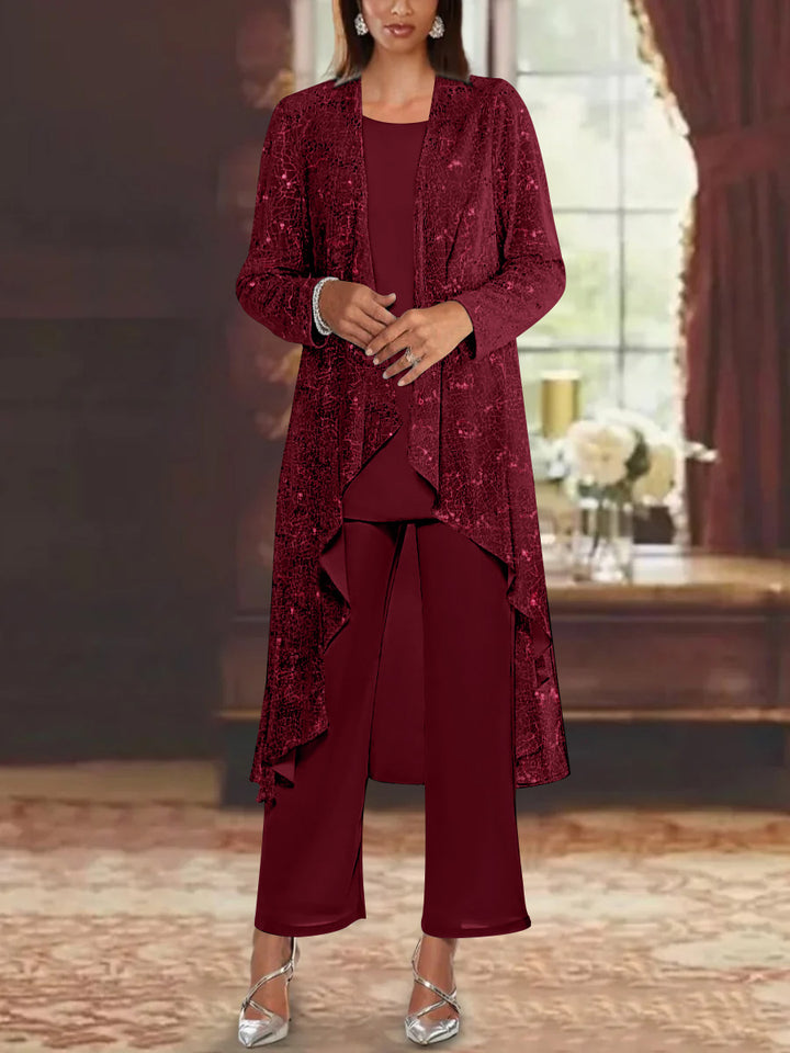 Chiffon Sequins Scoop Mother of the Bride Pantsuits with Jacket