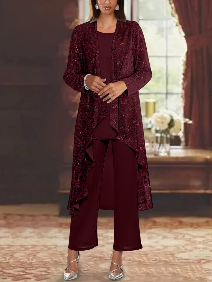 Chiffon Sequins Scoop Mother of the Bride Pantsuits with Jacket
