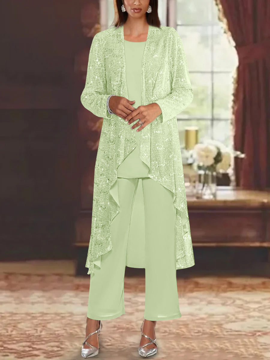 Chiffon Sequins Scoop Mother of the Bride Pantsuits with Jacket