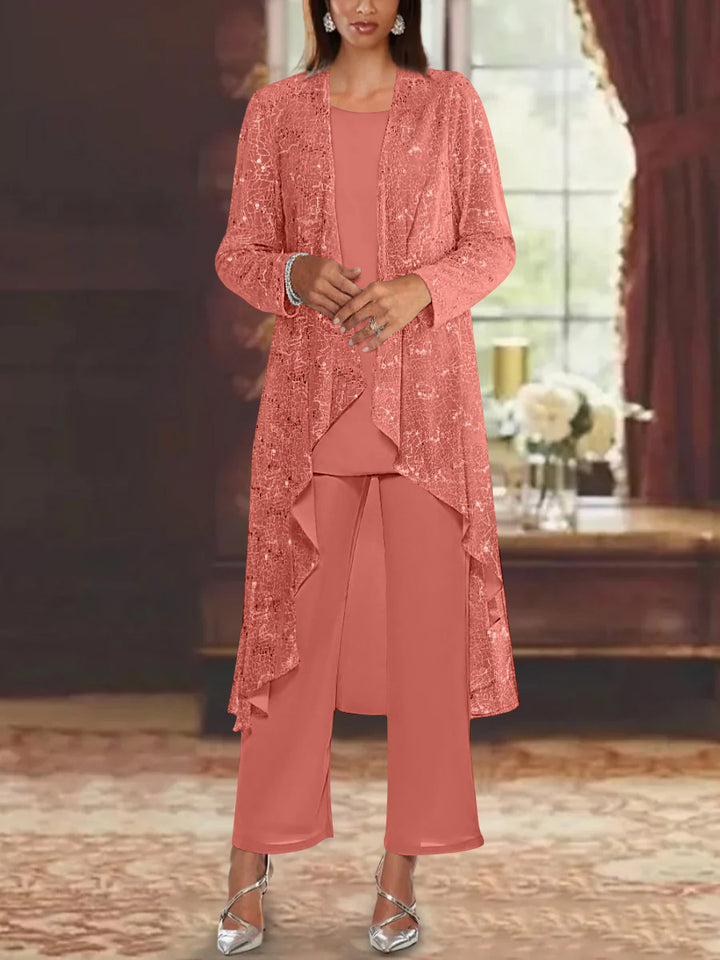 Chiffon Sequins Scoop Mother of the Bride Pantsuits with Jacket