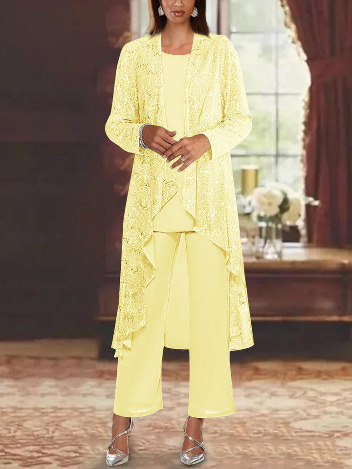 Chiffon Sequins Scoop Mother of the Bride Pantsuits with Jacket