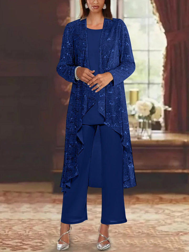 Chiffon Sequins Scoop Mother of the Bride Pantsuits with Jacket