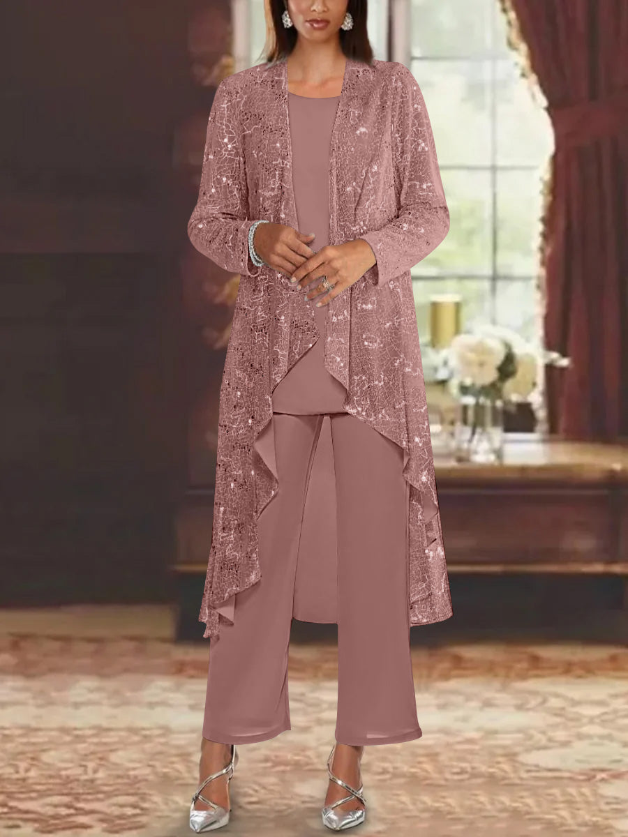 Chiffon Sequins Scoop Mother of the Bride Pantsuits with Jacket