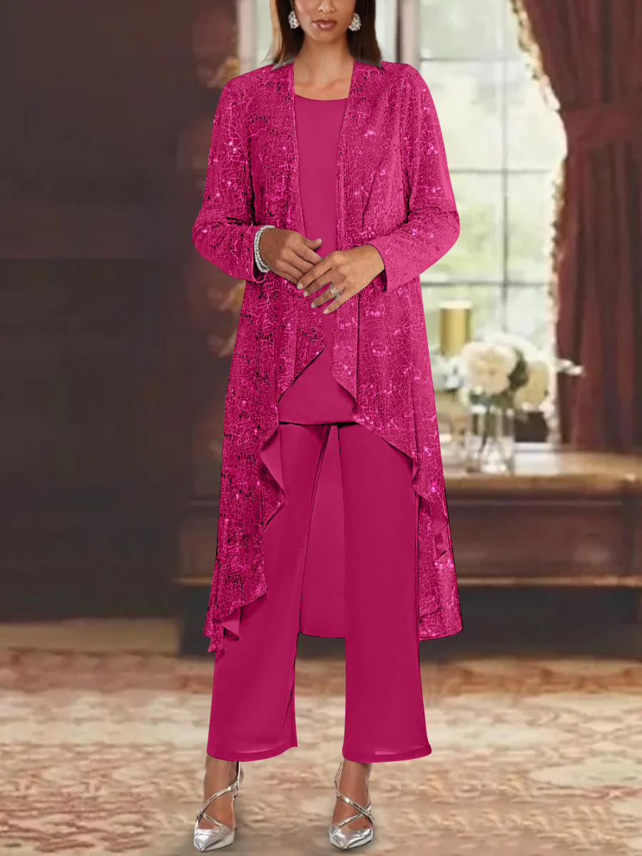 Chiffon Sequins Scoop Mother of the Bride Pantsuits with Jacket