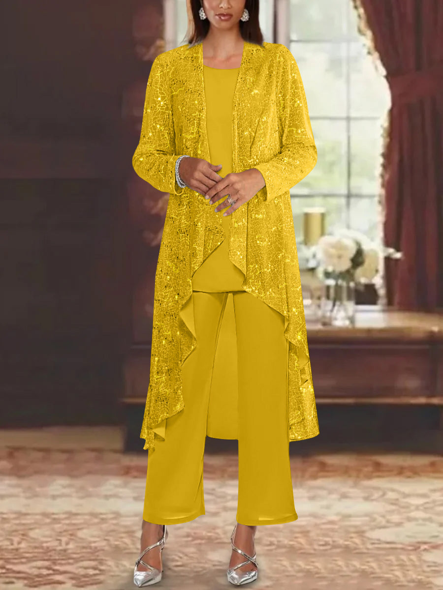 Chiffon Sequins Scoop Mother of the Bride Pantsuits with Jacket