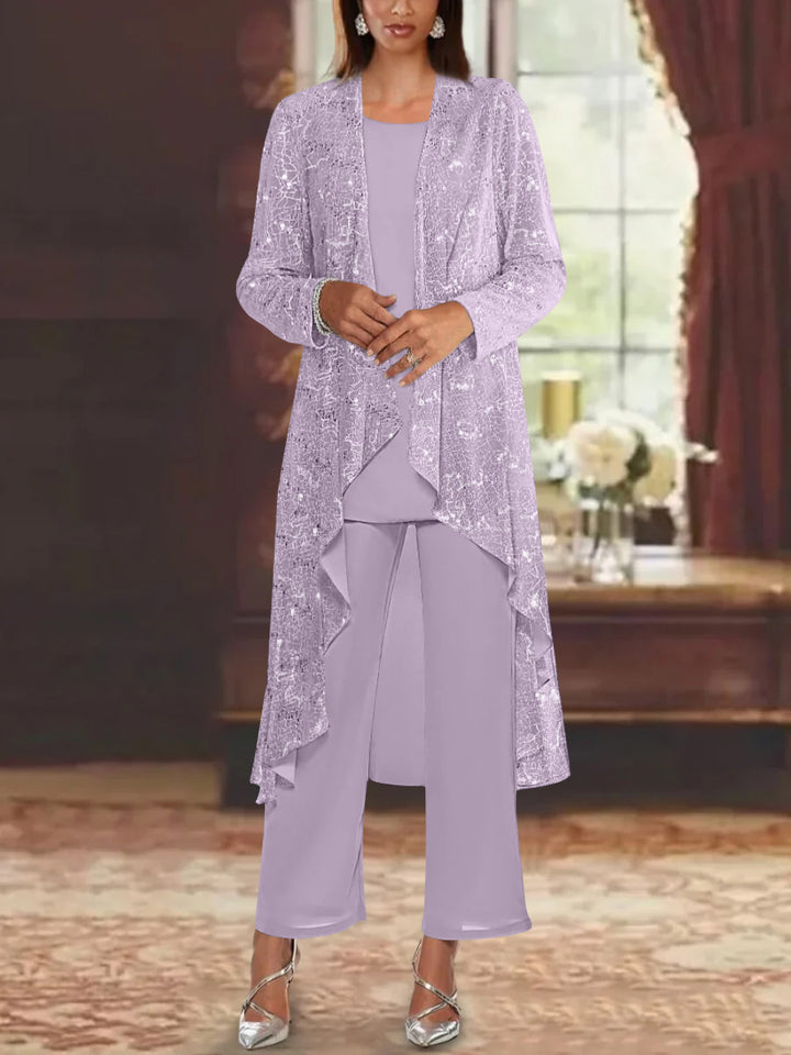 Chiffon Sequins Scoop Mother of the Bride Pantsuits with Jacket