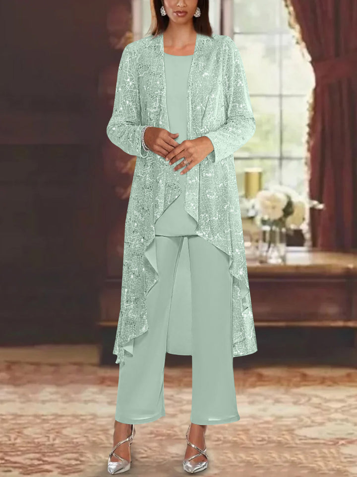 Chiffon Sequins Scoop Mother of the Bride Pantsuits with Jacket