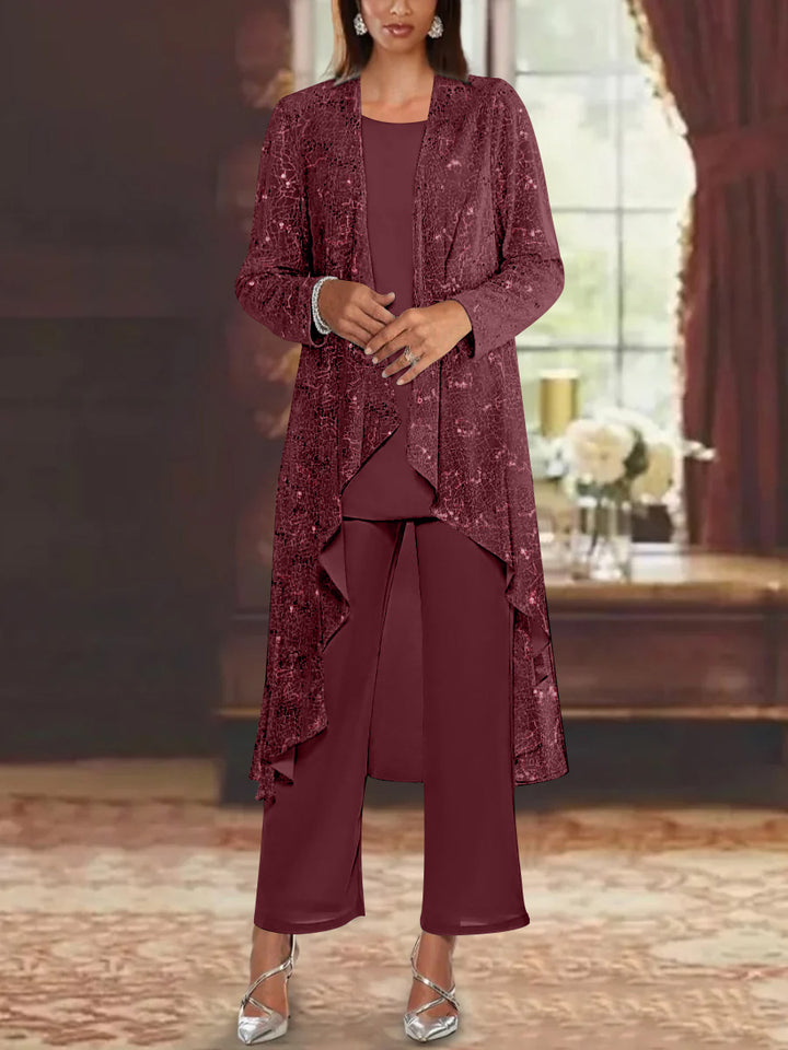 Chiffon Sequins Scoop Mother of the Bride Pantsuits with Jacket