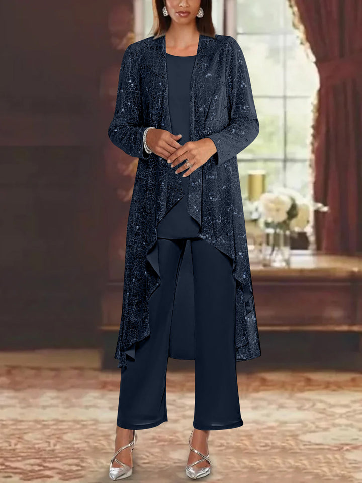Chiffon Sequins Scoop Mother of the Bride Pantsuits with Jacket