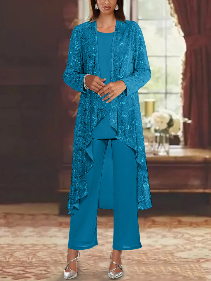 Chiffon Sequins Scoop Mother of the Bride Pantsuits with Jacket