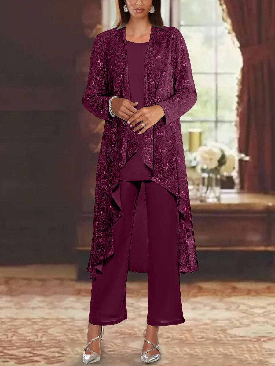 Chiffon Sequins Scoop Mother of the Bride Pantsuits with Jacket