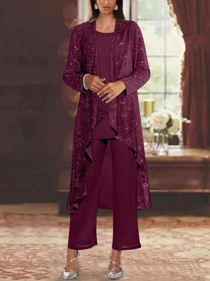 Chiffon Sequins Scoop Mother of the Bride Pantsuits with Jacket
