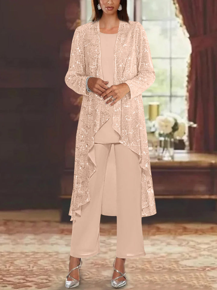 Chiffon Sequins Scoop Mother of the Bride Pantsuits with Jacket