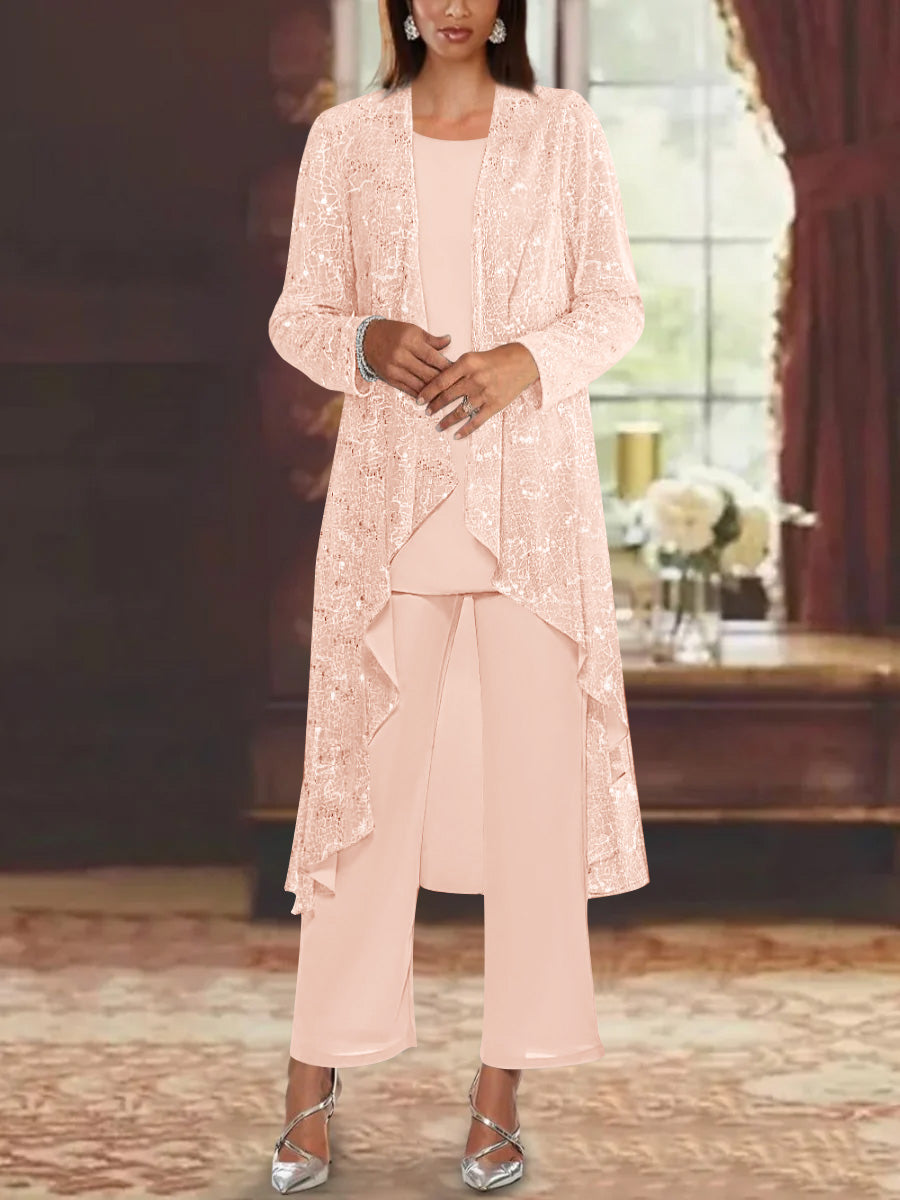 Chiffon Sequins Scoop Mother of the Bride Pantsuits with Jacket