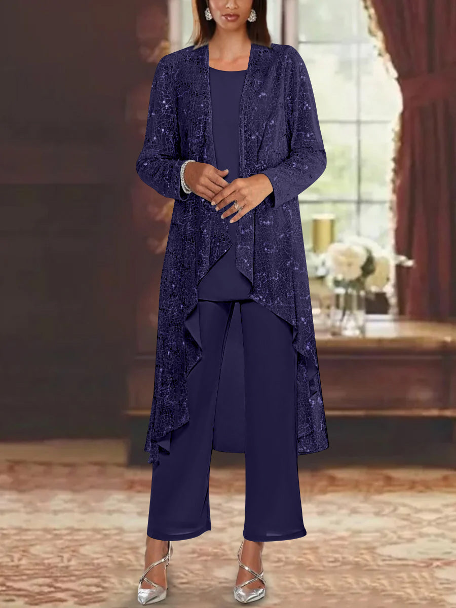 Chiffon Sequins Scoop Mother of the Bride Pantsuits with Jacket