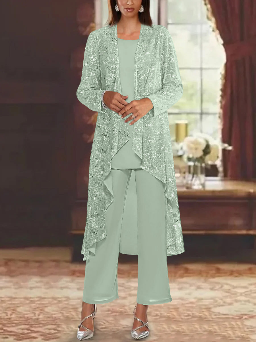 Chiffon Sequins Scoop Mother of the Bride Pantsuits with Jacket