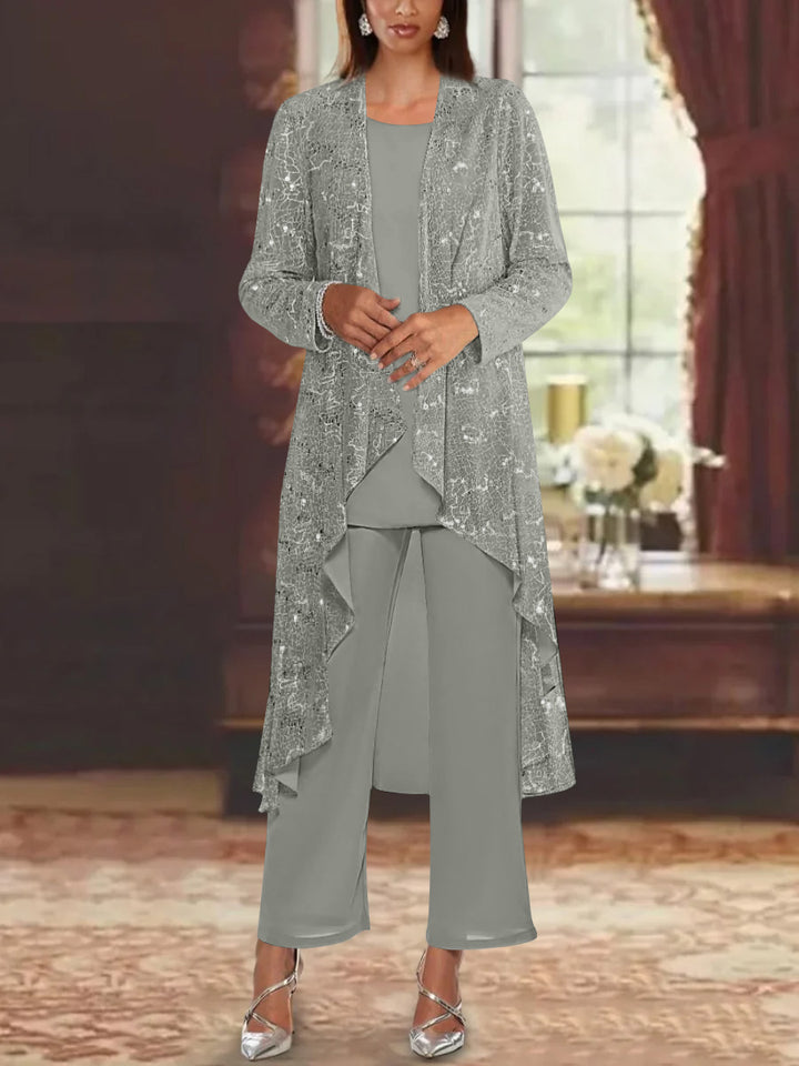 Chiffon Sequins Scoop Mother of the Bride Pantsuits with Jacket