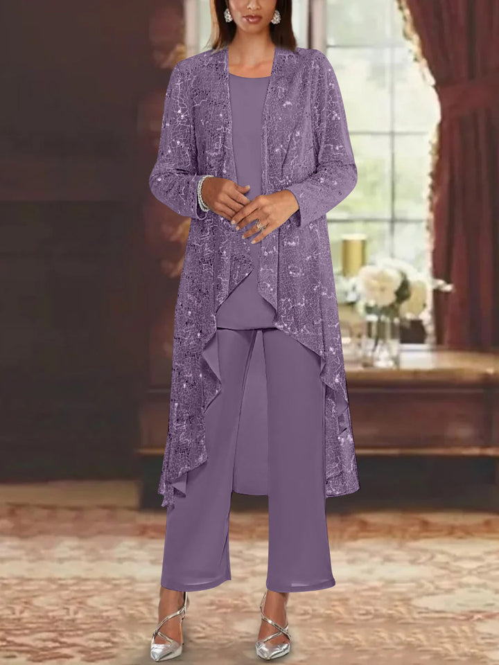 Chiffon Sequins Scoop Mother of the Bride Pantsuits with Jacket