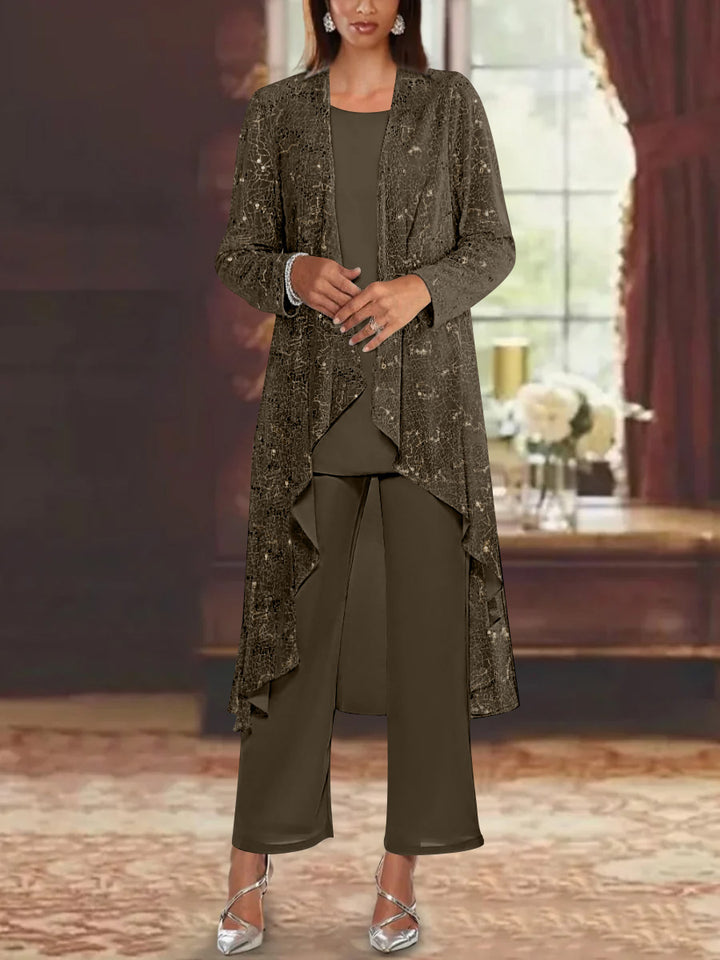Chiffon Sequins Scoop Mother of the Bride Pantsuits with Jacket